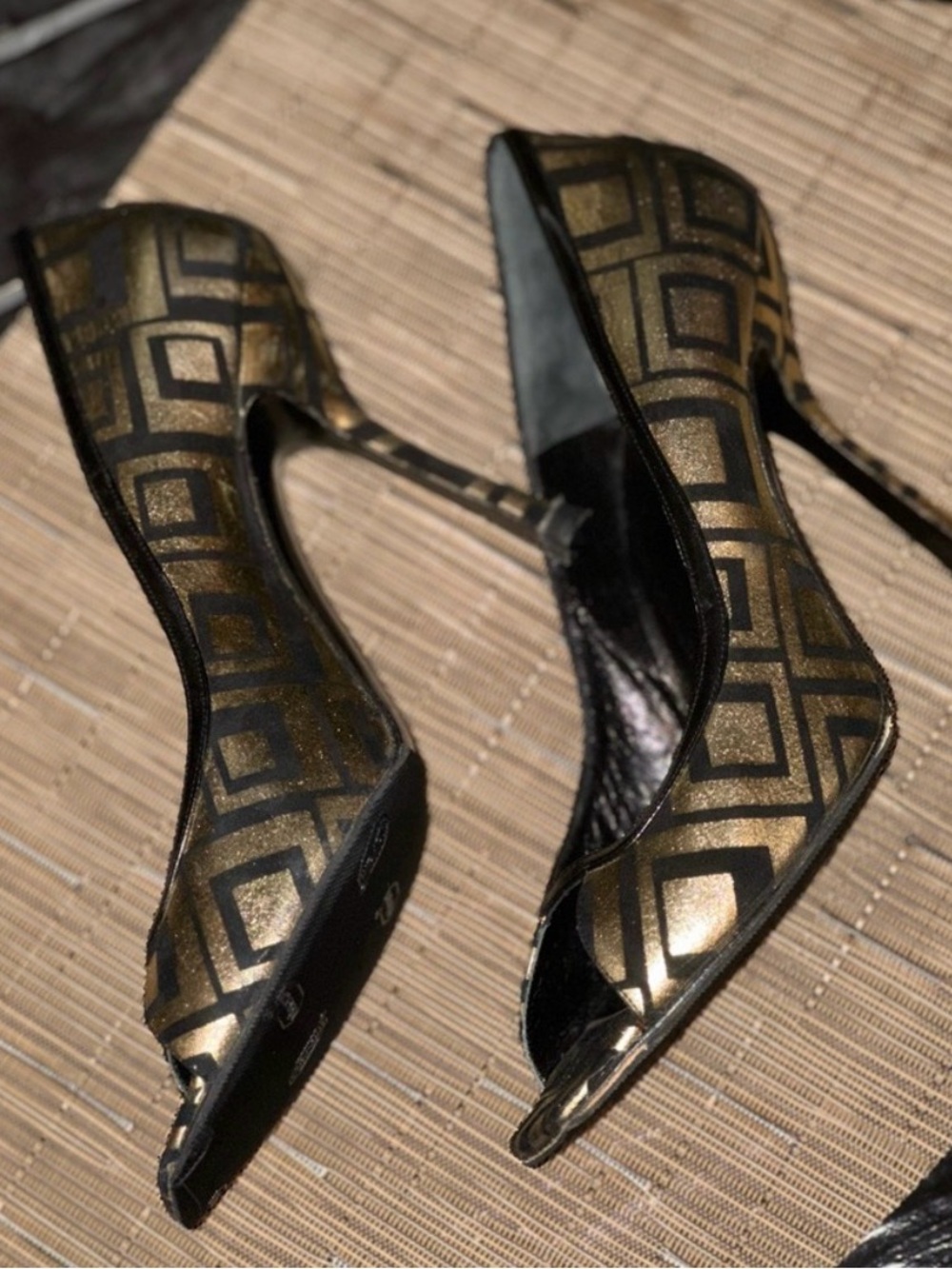 EUC Gianni Versace Gold and Black Geometric Peep-Toe Stiletto Runway Style - Picture 9 of 10